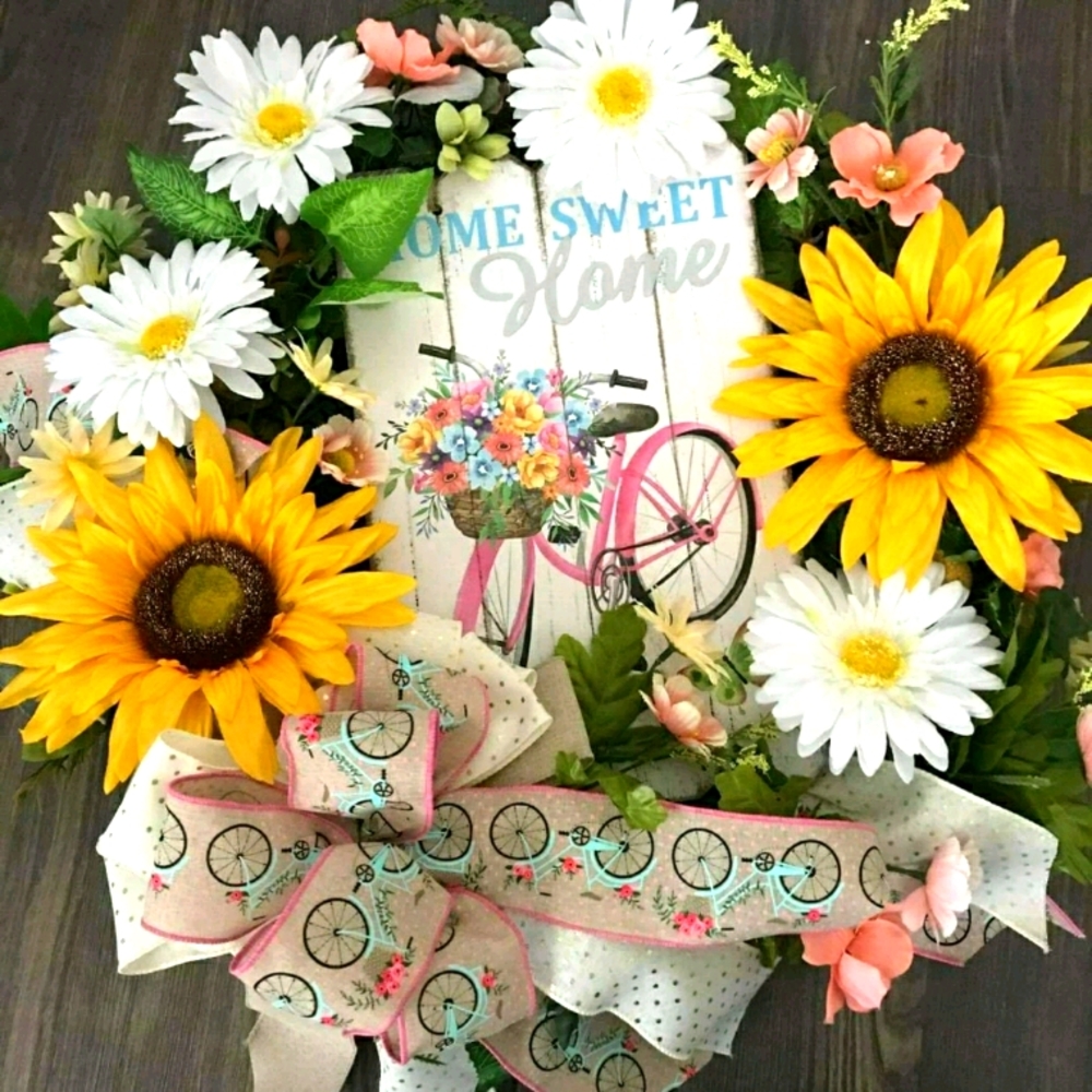 Hand Crafted Bike Wreath Spring  MultiSeasonal Sunflower Home Sweet Home Fi…